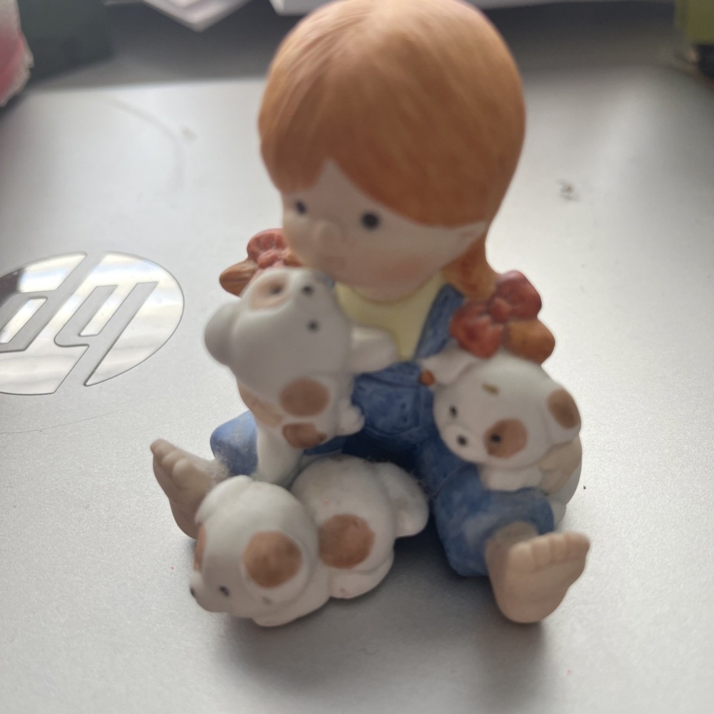 Country Cousins Enesco 1987 Porcelain Girl w Puppies Figurine 2.75 VTG